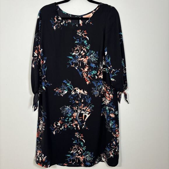 EVRI Plus Size Floral Printed Black Midi Shift Dress Knot Sleeve 0X 14W 16W - Picture 2 of 8